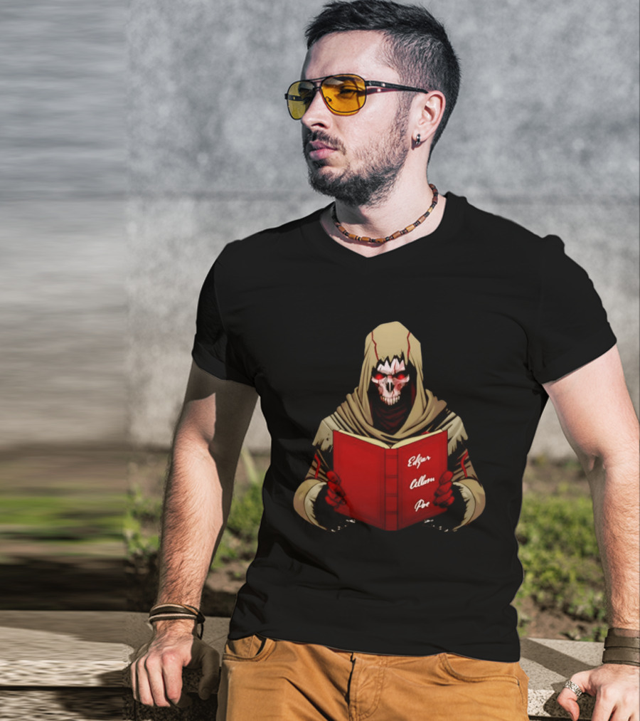Grim Reaper Hooded Skeleton With Red Eyes Holding Edgar Allan Poe Book T-Shirt
