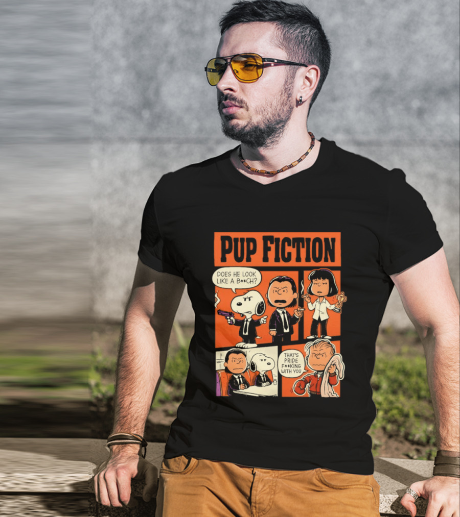 Peanuts Pup Fiction Does He Look Like A Bitch Snopy And Franklin Vincent Jules Mia T-Shirt