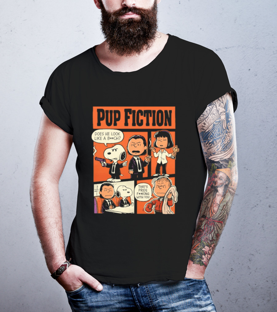 Peanuts Pup Fiction Does He Look Like A Bitch Snopy And Franklin Vincent Jules Mia T-Shirt