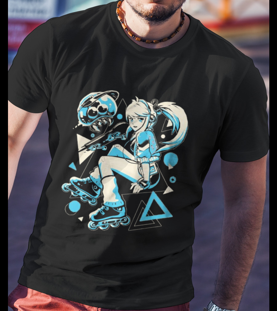 Samus Aran Metroid Rollerblades Skateboard Retro Gaming T-Shirt