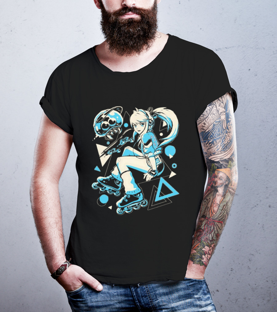 Samus Aran Metroid Rollerblades Skateboard Retro Gaming T-Shirt