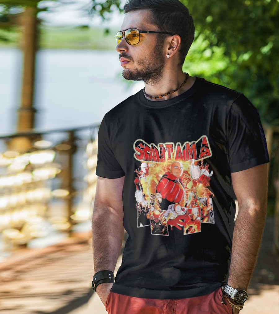 Saitama Hero Manga Character Collage With Lightning Fist T-Shirt