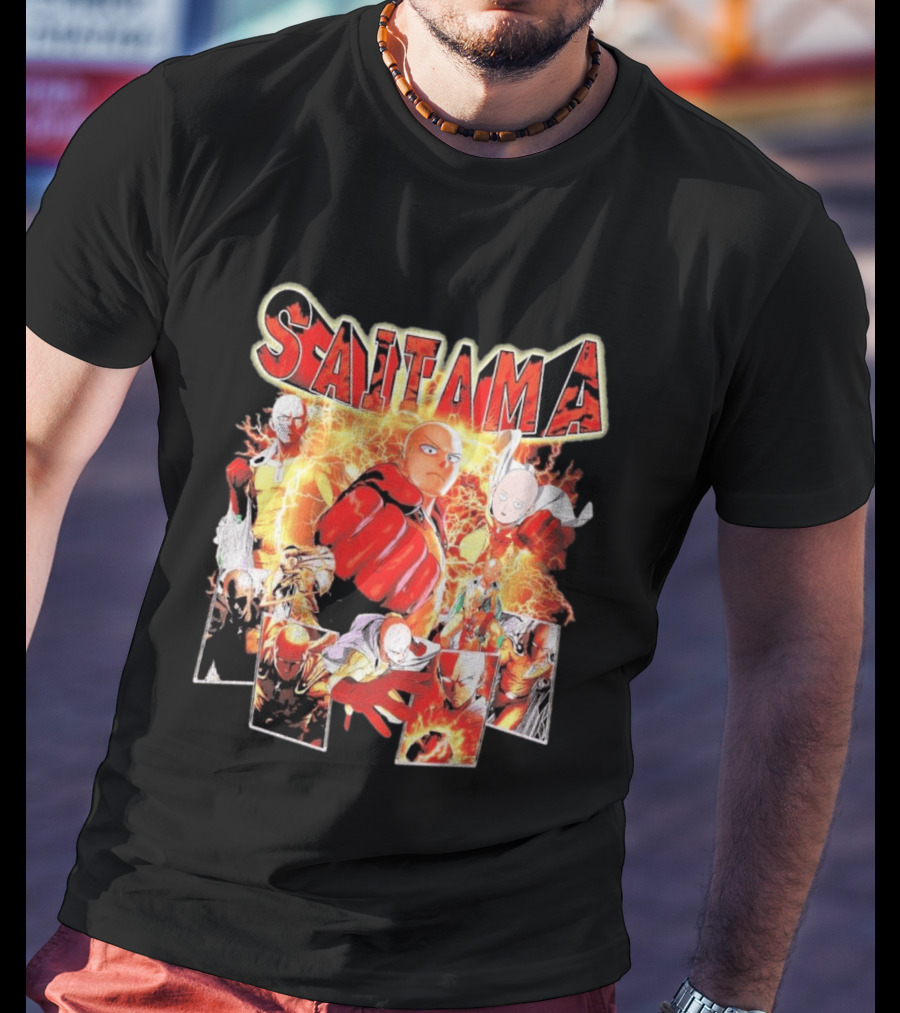 Saitama Hero Manga Character Collage With Lightning Fist T-Shirt