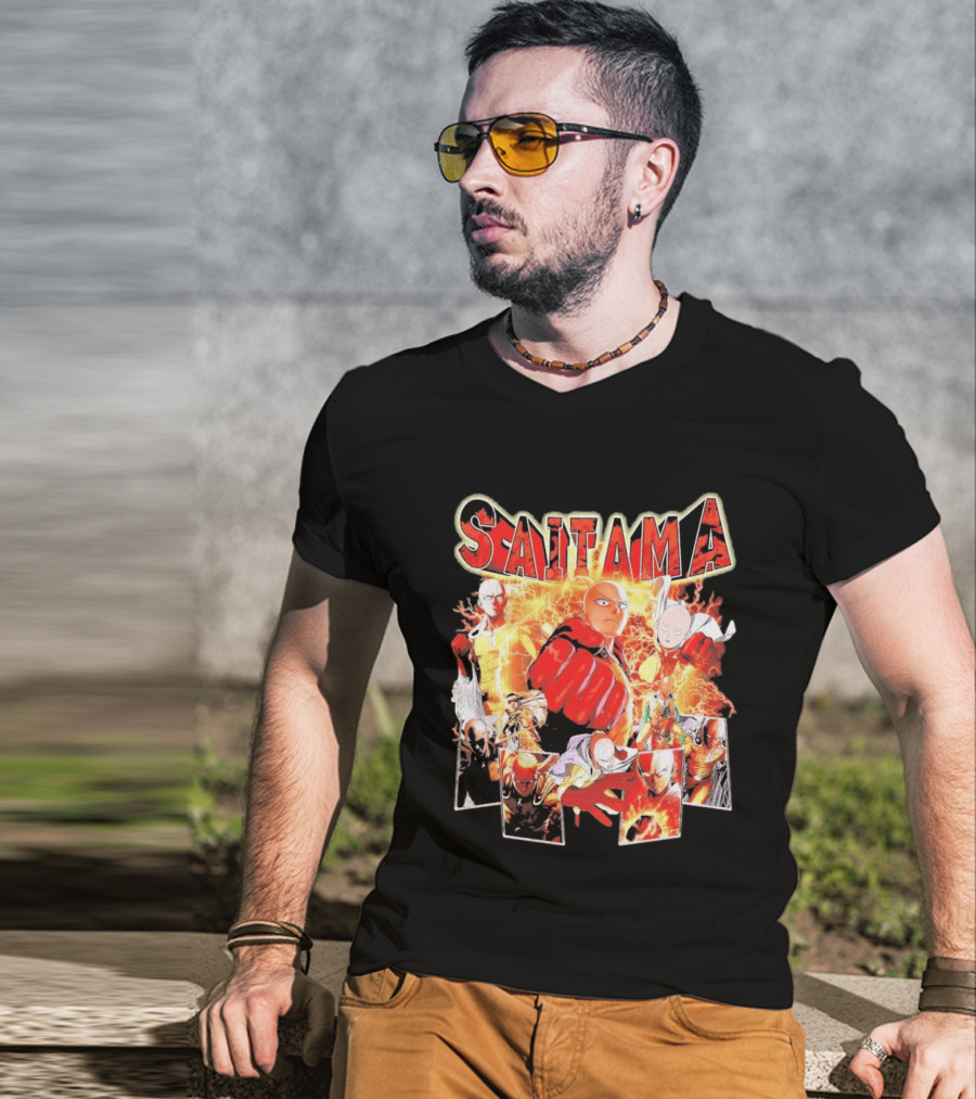 Saitama Hero Manga Character Collage With Lightning Fist T-Shirt