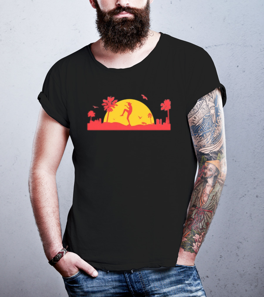 Cobra Kai Crane Kick Sunset Scene With Palm Trees And Birds T-Shirt