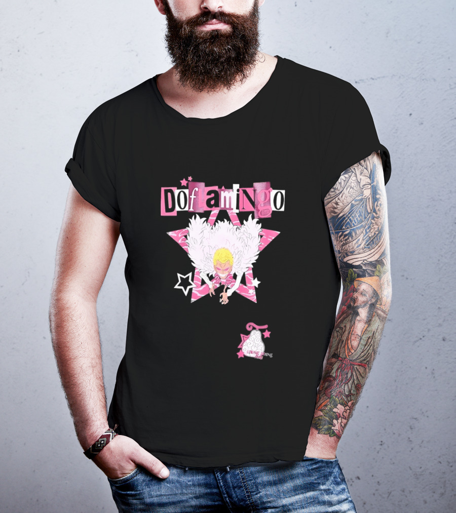 Doflamingo One Piece Pink Star Feathered Cape Anime T-Shirt