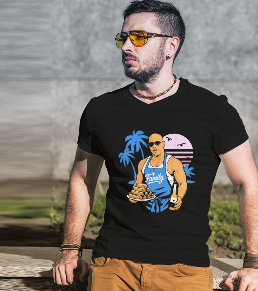 KCCO Family BBQ With Hot Dogs Palm Trees Sunset Birds T-Shirt