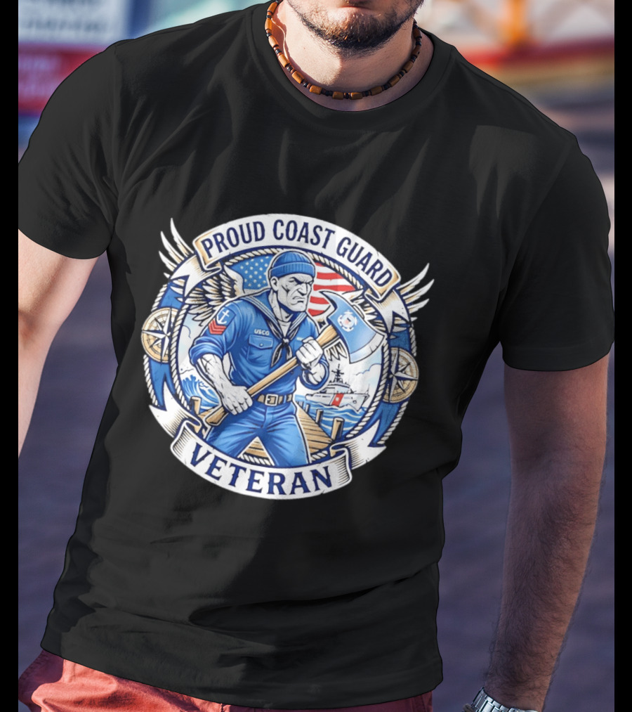 Proud Coast Guard Veteran USCG Military Sailor With Axe And American Flag T-Shirt