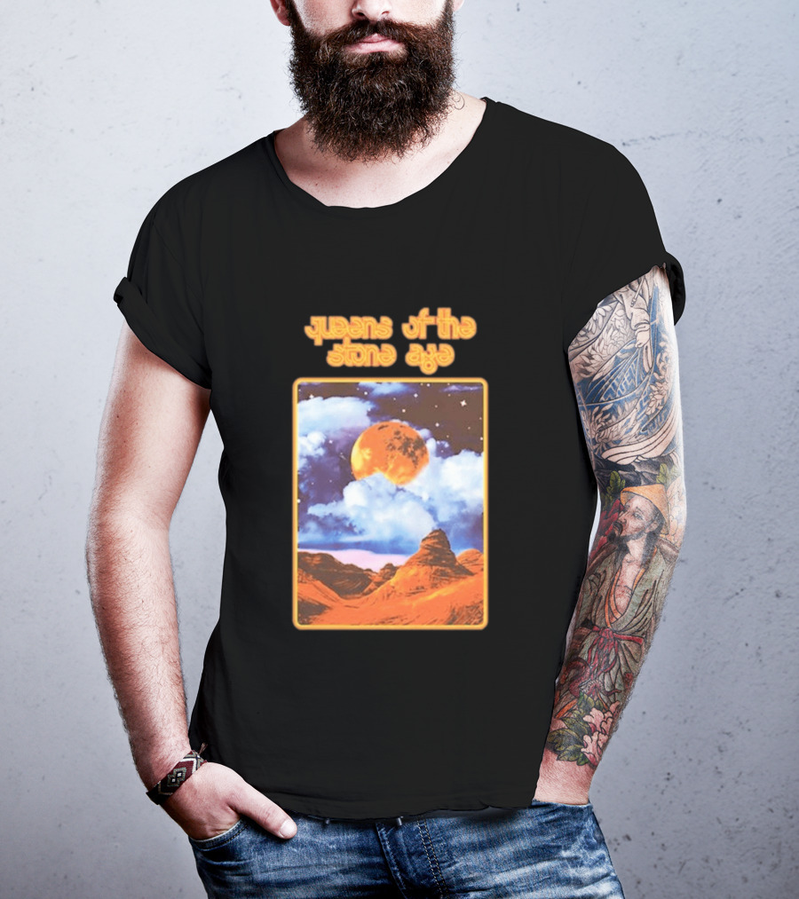 Queens Of The Stone Age Moon Landscape With Orange Cloudy Night Sky And Desert Scene T-Shirt