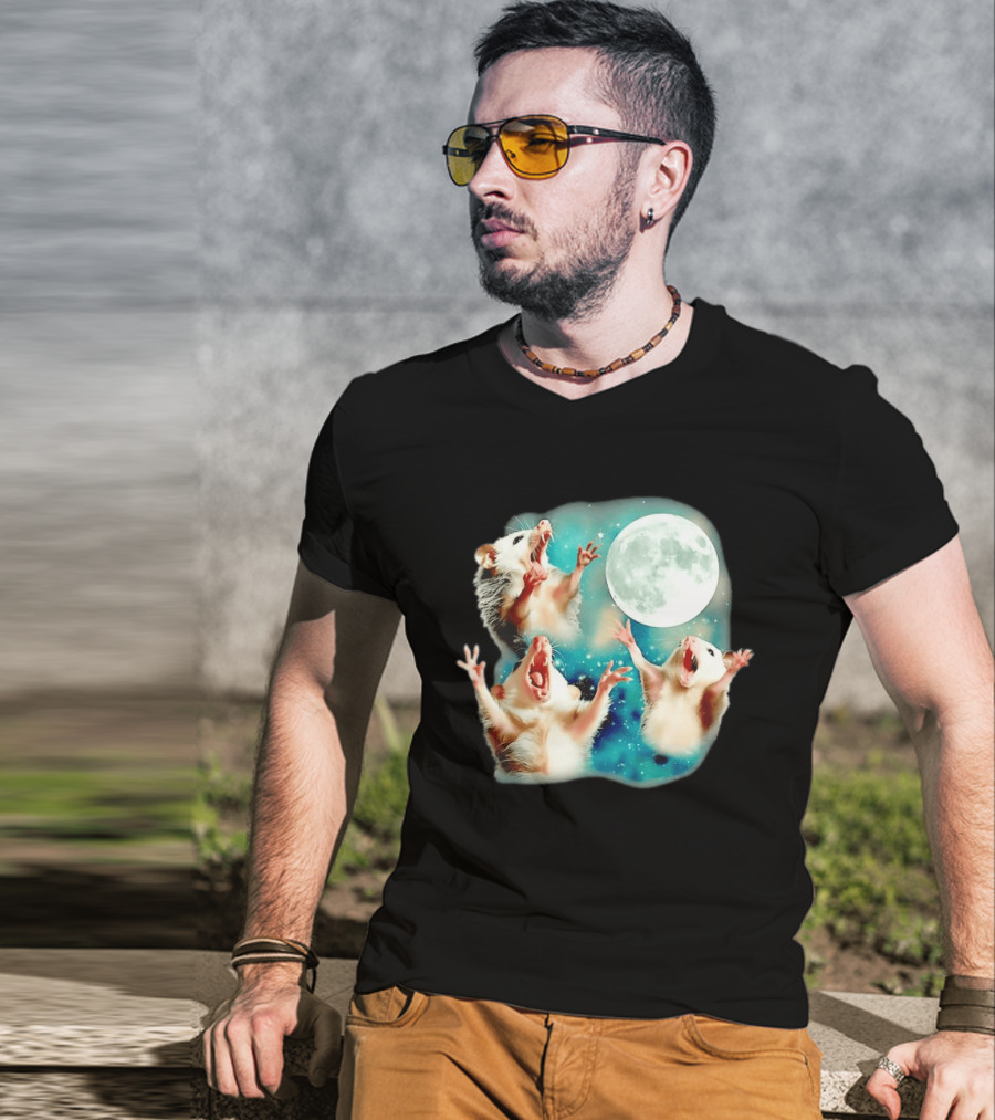 Opossum Howling At Moon With Stars In Space Scene T-Shirt