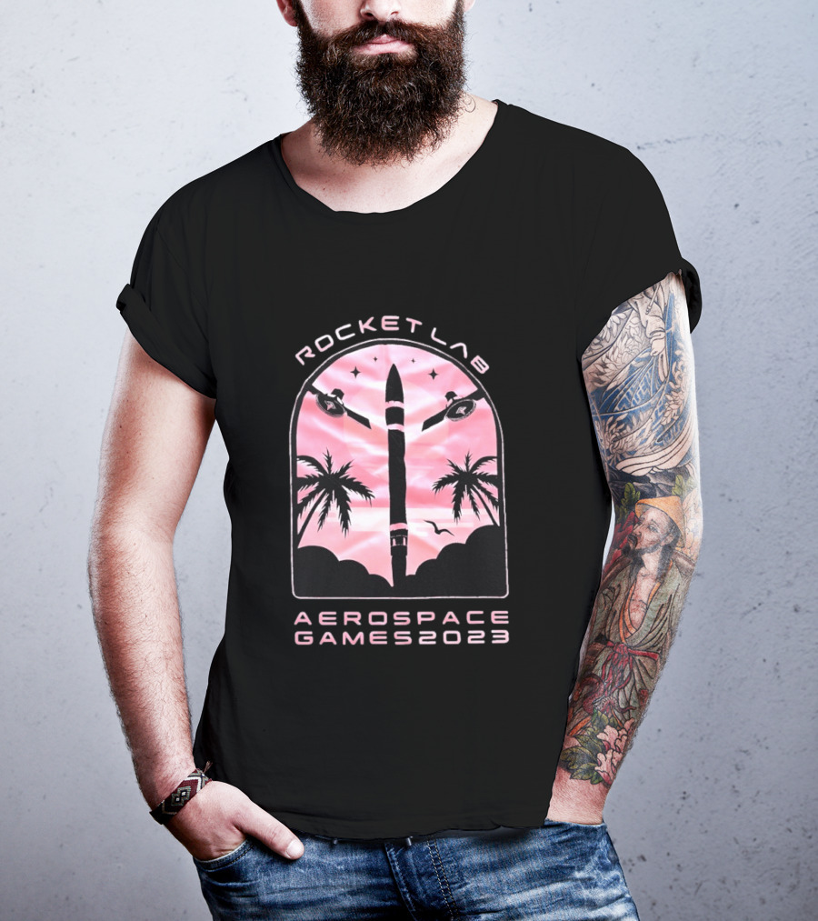 Rocket Lab Aerospace Games 2023 Rocket Space Satellite Event Palm Trees T-Shirt