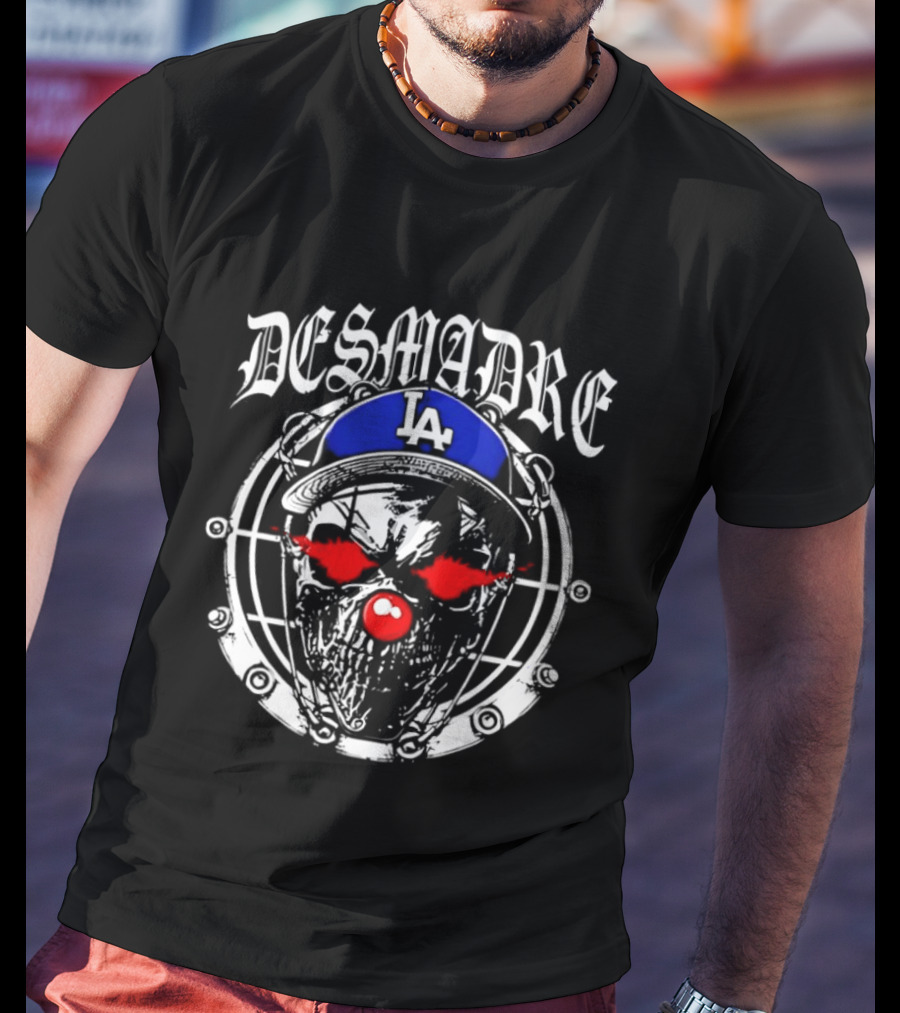 Skull In Los Angeles Dodgers Cap With Clown Makeup And DESMADRE T-Shirt