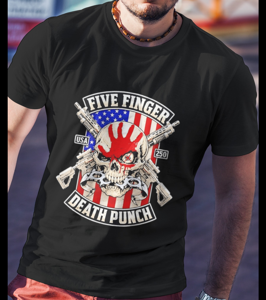 Five Finger Death Punch USA Skull With Guns And American Flag 250 July 4th T-Shirt