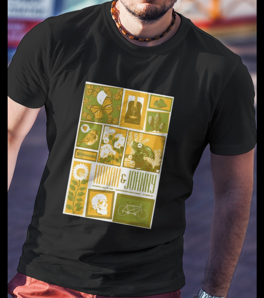 Hanah & Johnny May 30 2026 Ringer's Bar & Restaurant Slinger WI Butterfly Guitar Skull Bicycle Floral T-Shirt