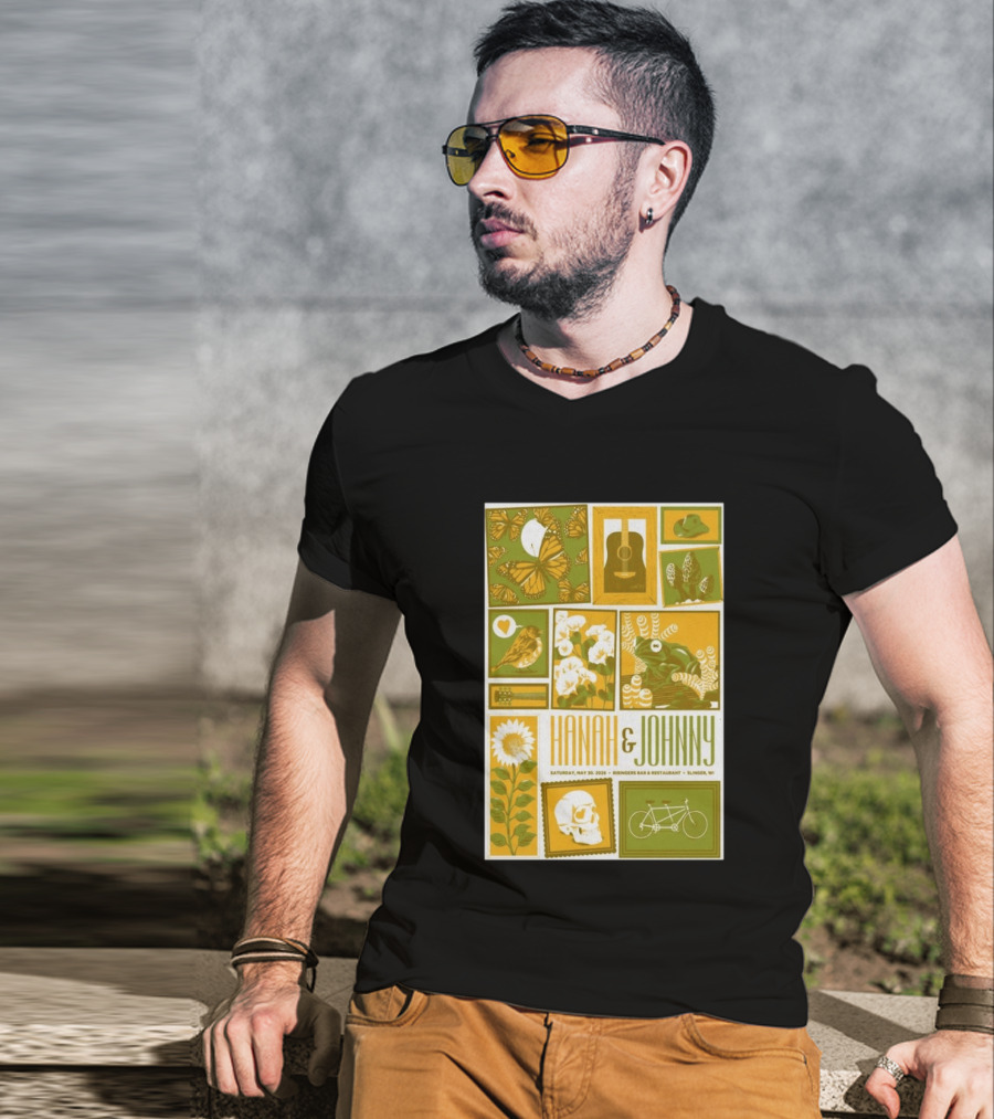 Hanah & Johnny May 30 2026 Ringer's Bar & Restaurant Slinger WI Butterfly Guitar Skull Bicycle Floral T-Shirt