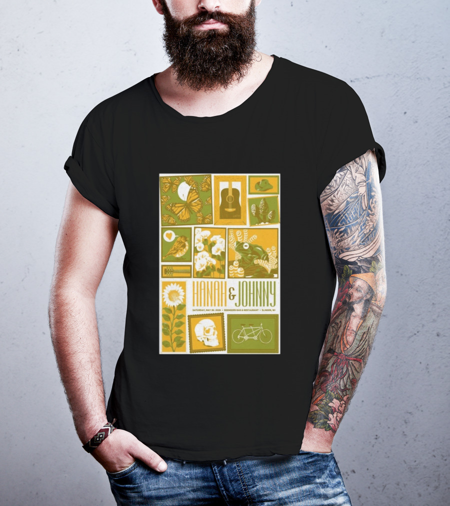 Hanah & Johnny May 30 2026 Ringer's Bar & Restaurant Slinger WI Butterfly Guitar Skull Bicycle Floral T-Shirt