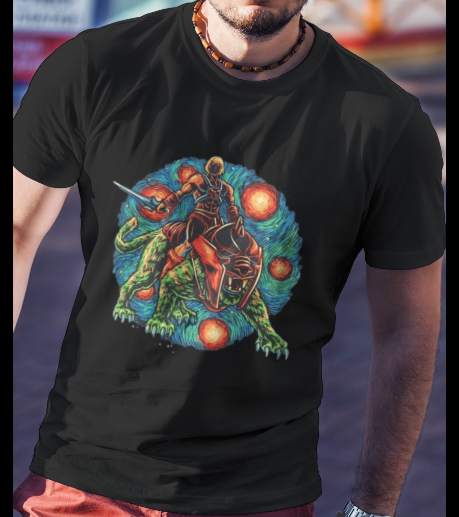 He Man And Battle Cat Starry Night Strength Courage Van Gogh Fusion T-Shirt