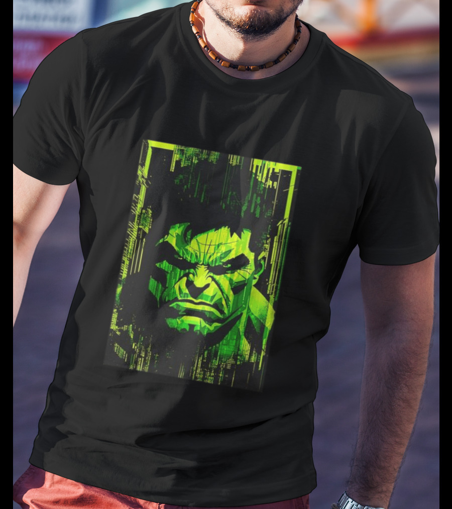 Hulk Glitch Digital Green Abstract Face T-Shirt