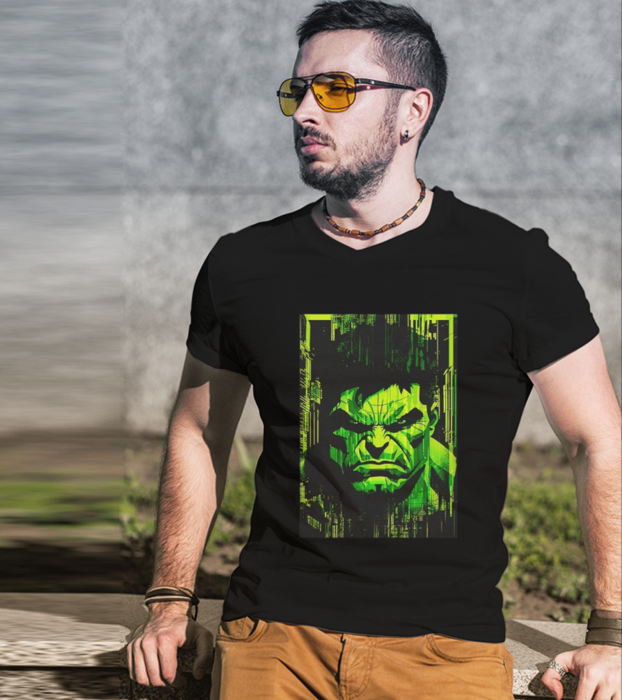 Hulk Glitch Digital Green Abstract Face T-Shirt