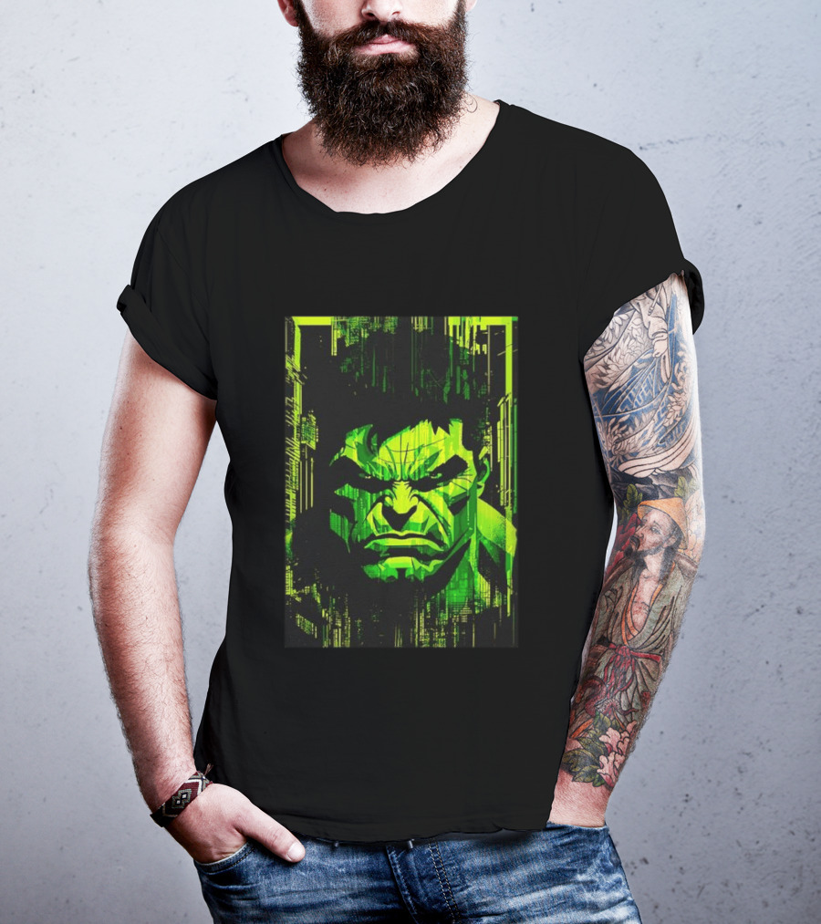 Hulk Glitch Digital Green Abstract Face T-Shirt