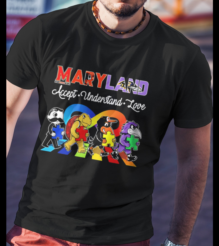Maryland Pride Accept Understand Love With Sports Mascots And Puzzle Pieces T-Shirt