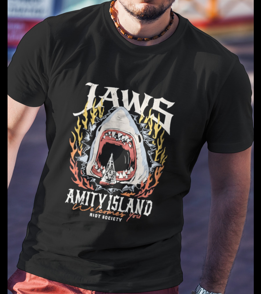 Jaws Amity Island Welcomes You Shark Eating Riot Society T-Shirt