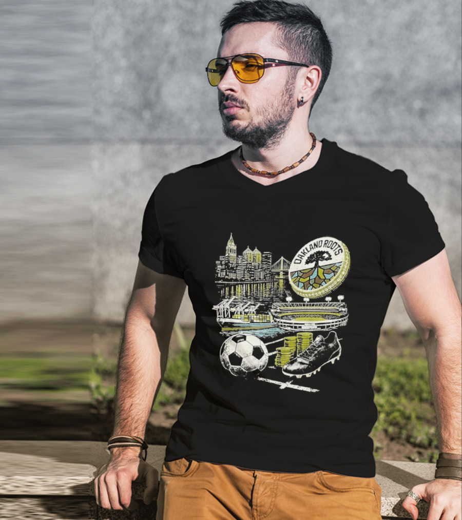 Oakland Roots Skyline Soccer Ball Stadium Ship And Coins T-Shirt