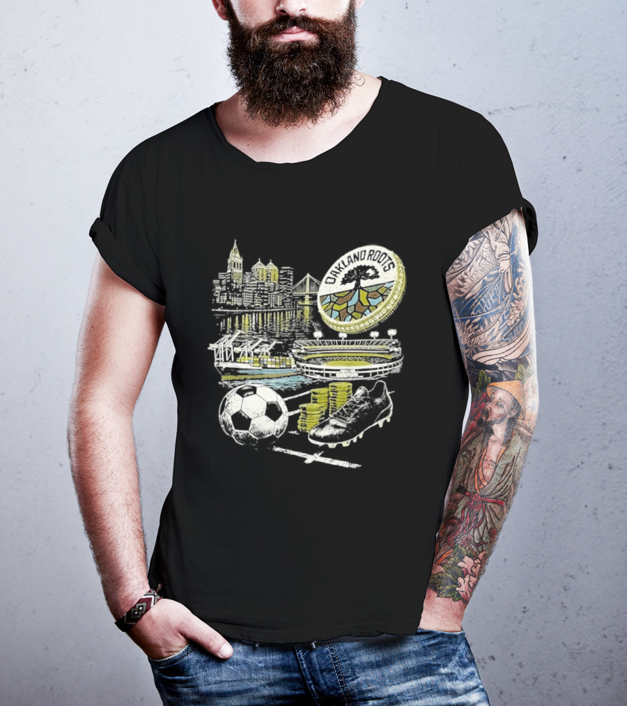 Oakland Roots Skyline Soccer Ball Stadium Ship And Coins T-Shirt