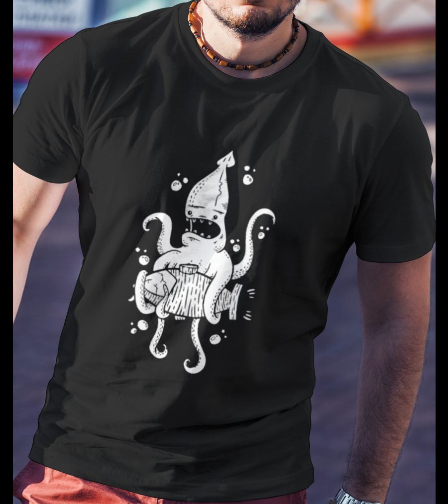 Squid Monster With Barrel Sea Creature Ocean Adventure T-Shirt