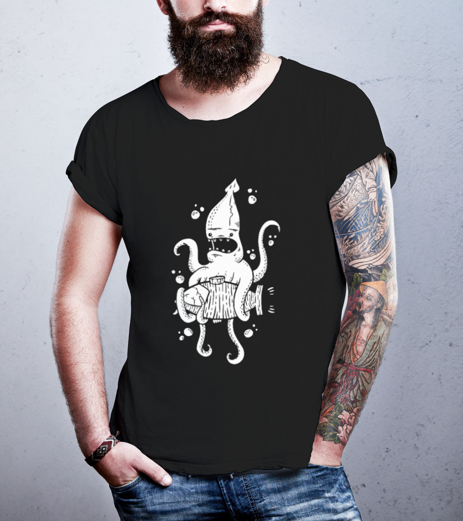 Squid Monster With Barrel Sea Creature Ocean Adventure T-Shirt