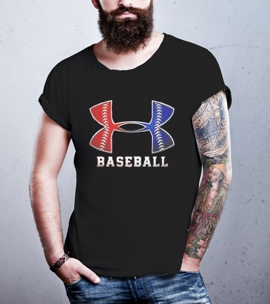 Under Armour Baseball Red Blue Stitch Performance Men T-Shirt