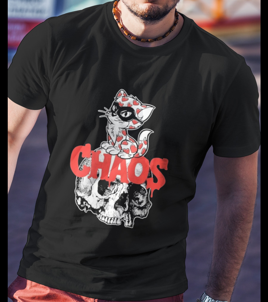 Chaos Cat Heart Pattern Masked Skull T-Shirt