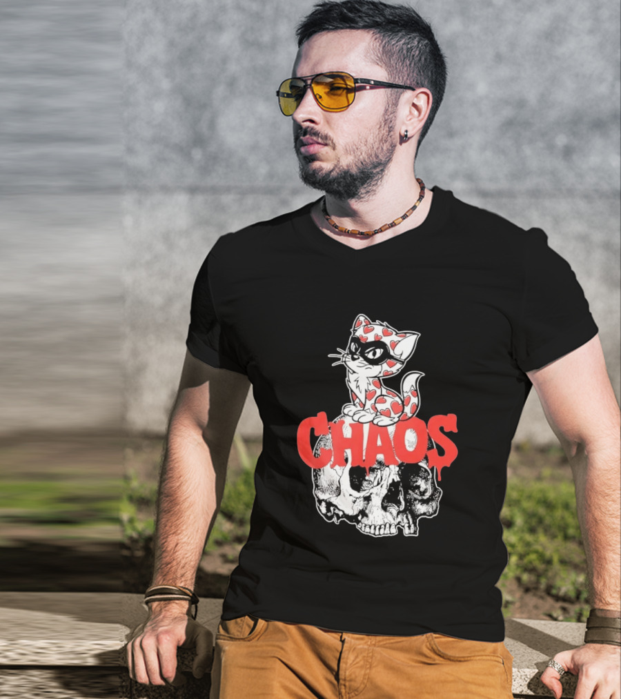 Chaos Cat Heart Pattern Masked Skull T-Shirt