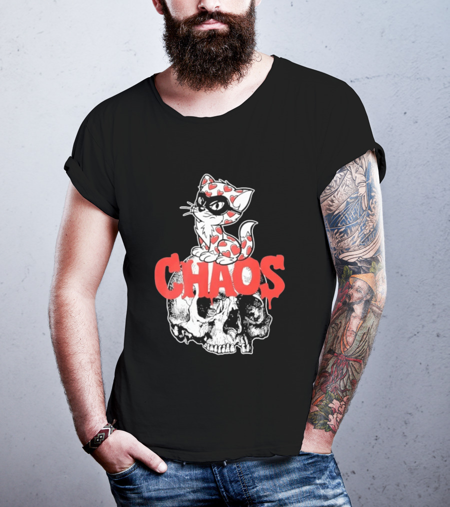 Chaos Cat Heart Pattern Masked Skull T-Shirt