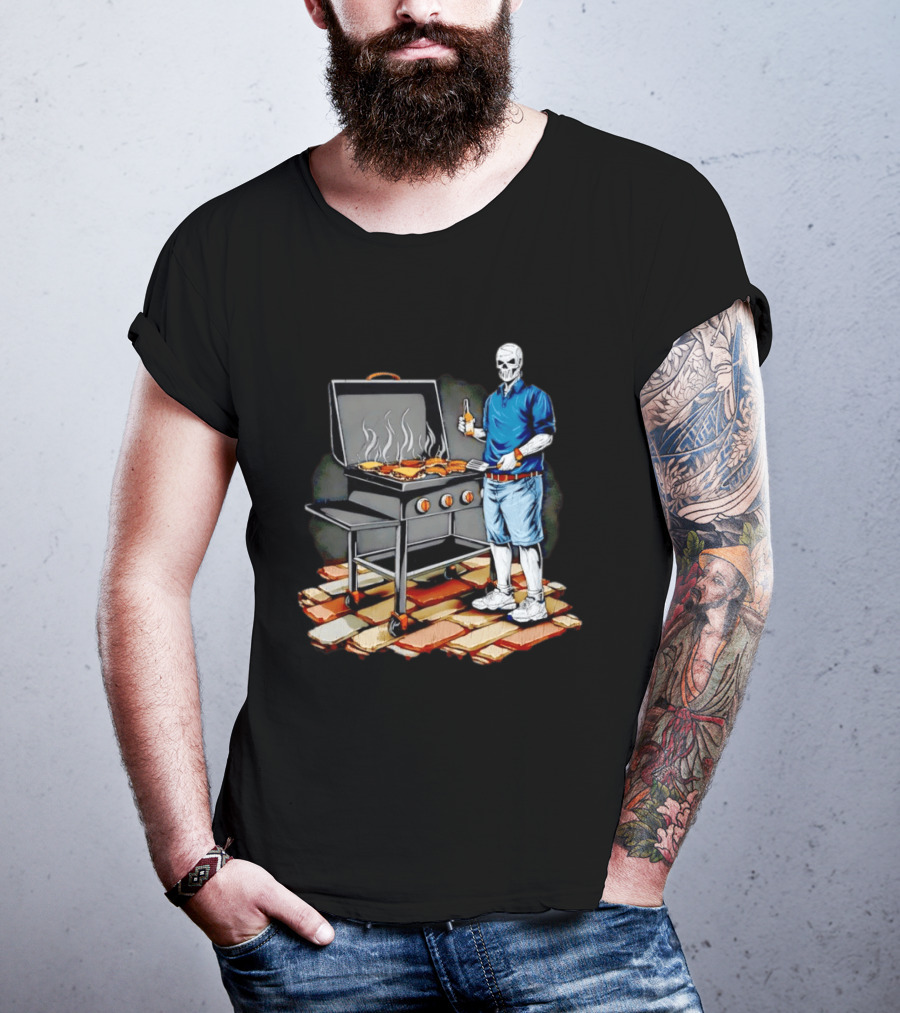 Skeleton Grilling BBQ With Beer And Burgers T-Shirt