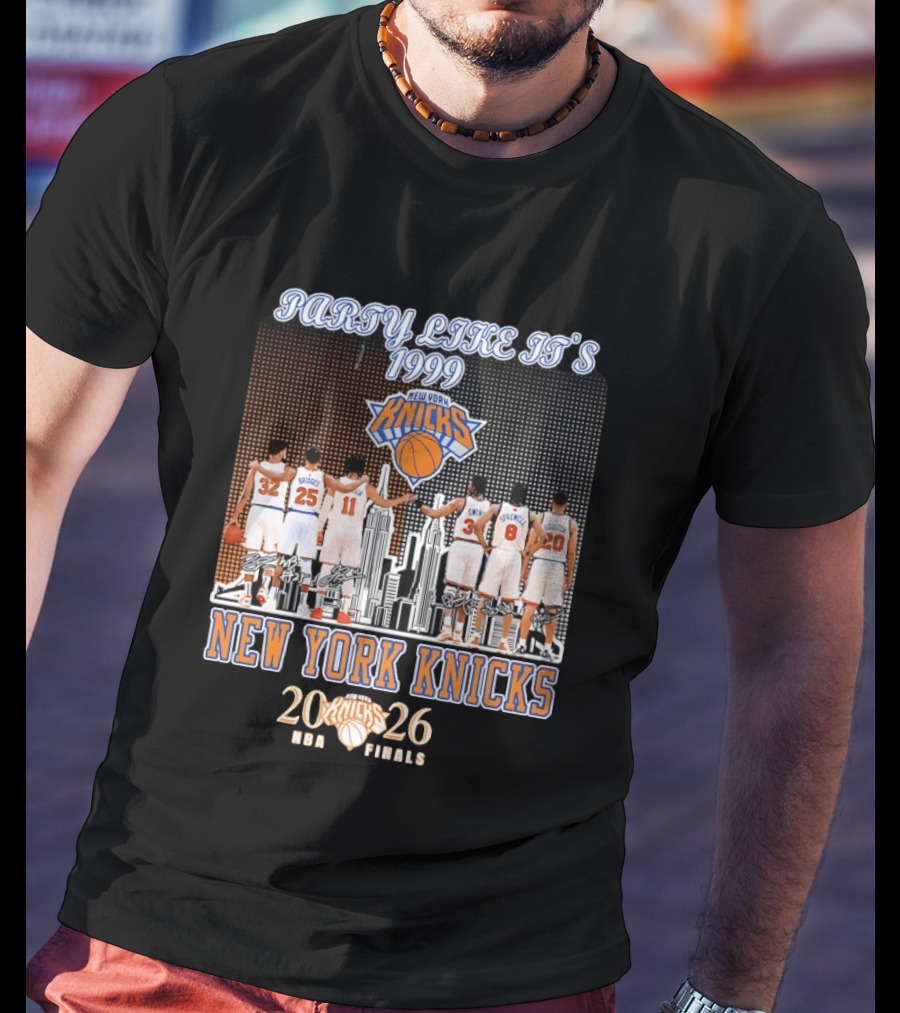 New York Knicks Party Like It's 1999 NBA Finals 2026 Karl Anthony Towns Mikal Bridges Jalen Brunson Patrick Ewing Latrell Sprewell T-Shirt