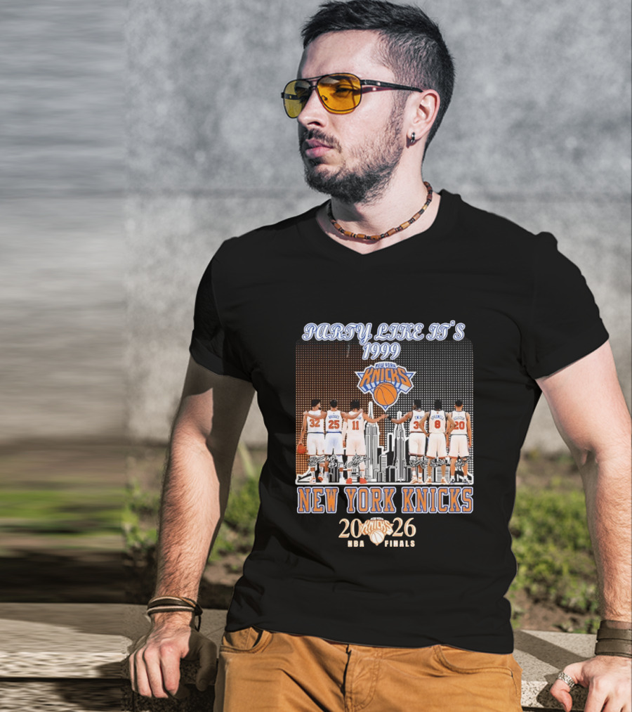 New York Knicks Party Like It's 1999 NBA Finals 2026 Karl Anthony Towns Mikal Bridges Jalen Brunson Patrick Ewing Latrell Sprewell T-Shirt