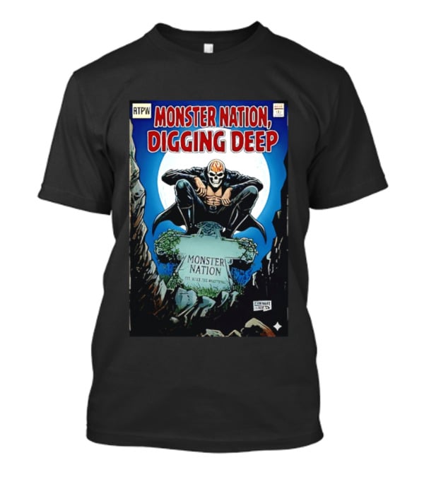 Monster Nation Digging Deep Comic Cover Tombstone Skeleton Superhero T-Shirt