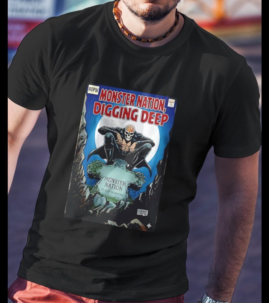 Monster Nation Digging Deep Comic Cover Tombstone Skeleton Superhero T-Shirt