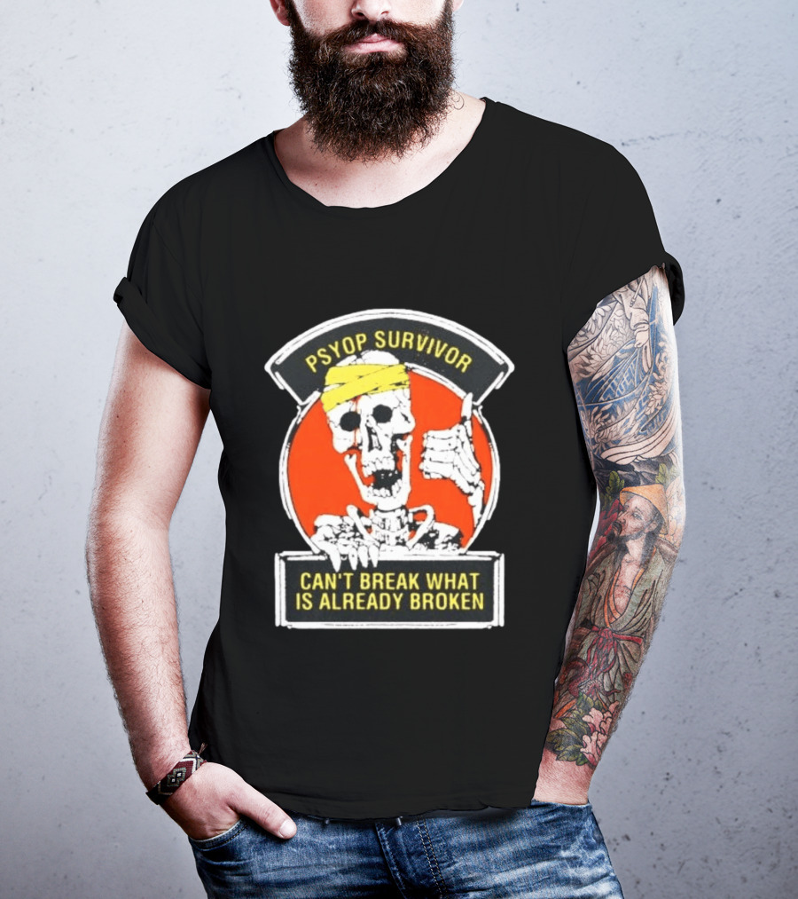Psyop Survivor Skeleton Can't Break What Is Already Broken Yellow Bandana Thumbs Up T-Shirt