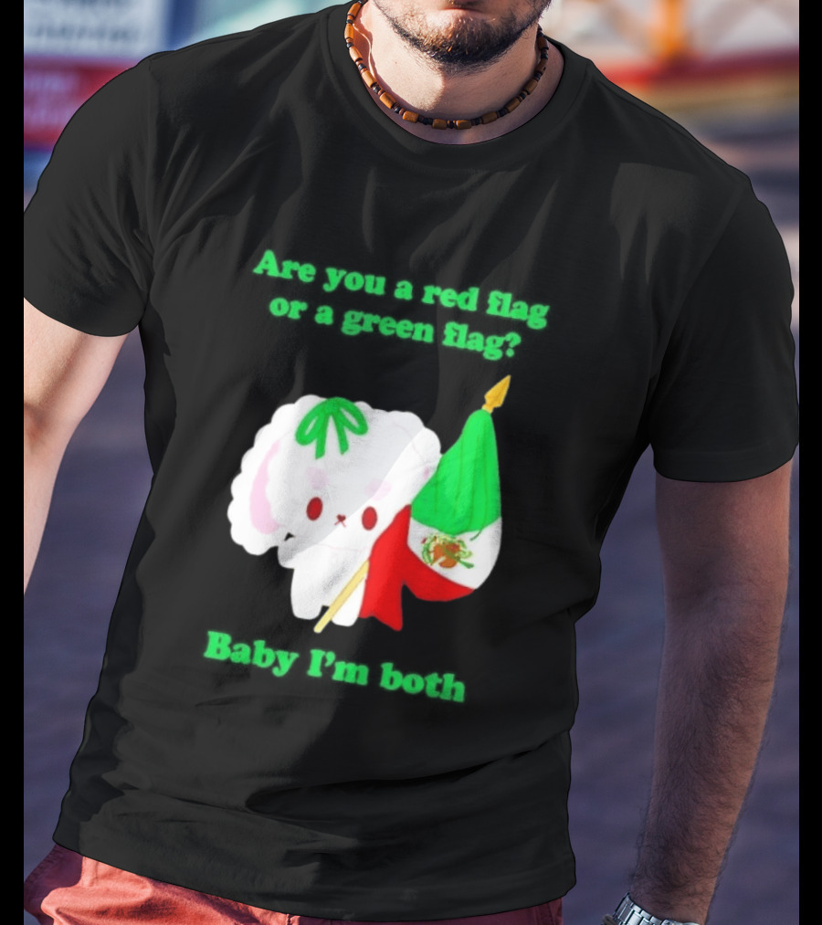 Nonomochi Mexico Flag Are You A Red Flag Or A Green Flag Cute Bunny Holding Mexican Flag T-Shirt