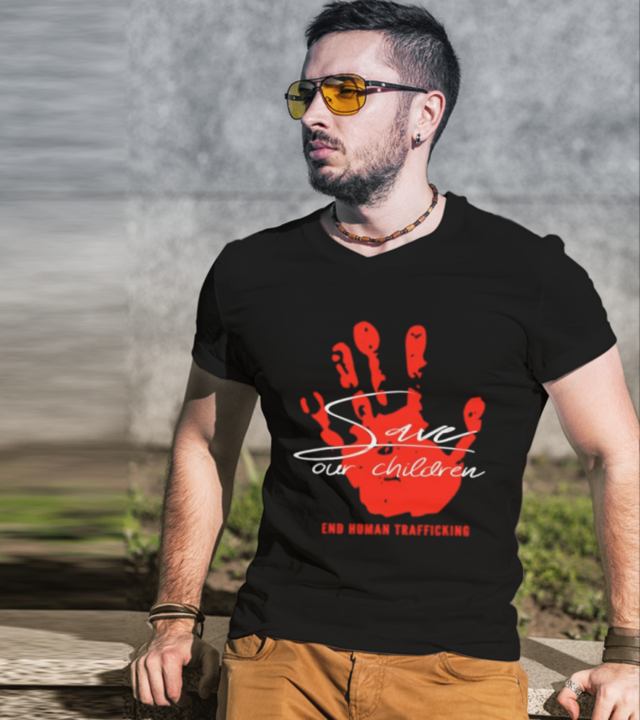 Save Our Children Red Handprint End Human Trafficking T-Shirt
