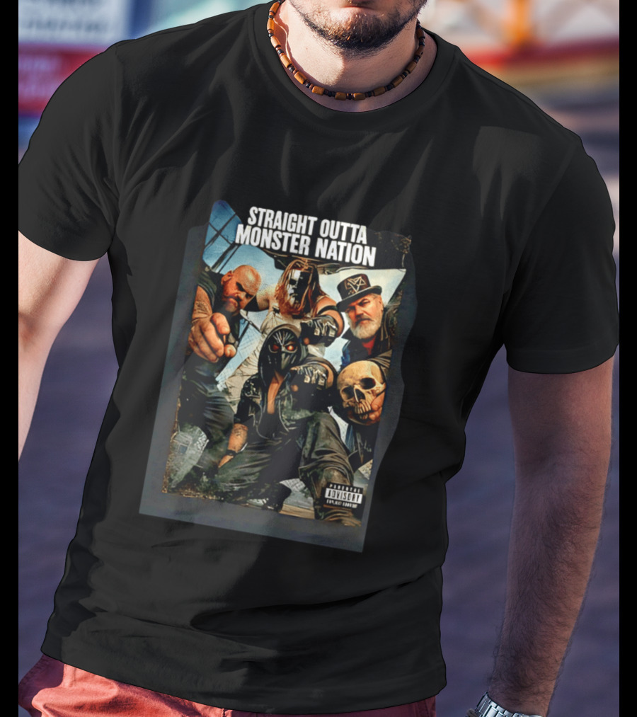 Straight Outta Monster Nation Group Pose With Skulls And Masks T-Shirt