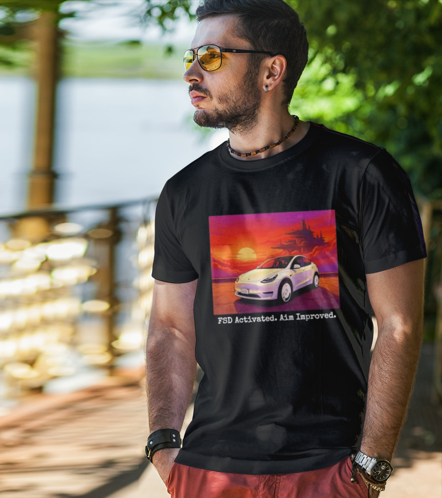 Tesla Model Y FSD Activated Aim Improved Sunset Futuristic City Scene T-Shirt
