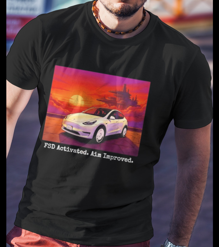 Tesla Model Y FSD Activated Aim Improved Sunset Futuristic City Scene T-Shirt
