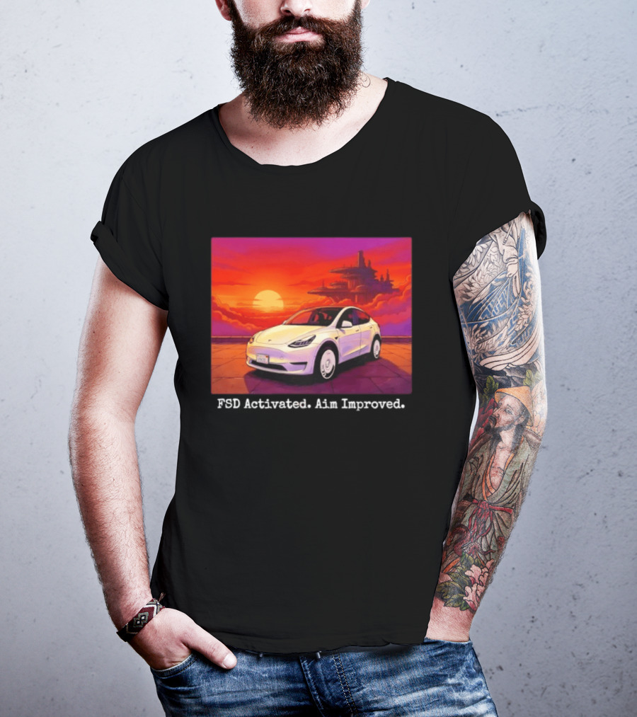 Tesla Model Y FSD Activated Aim Improved Sunset Futuristic City Scene T-Shirt