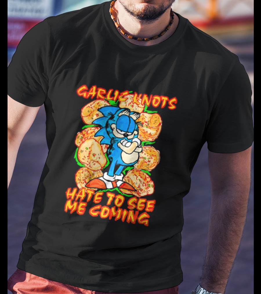 Garlic Knots Hate To See Me Coming Blue Character Surrounded By Cheesy Snacks T-Shirt