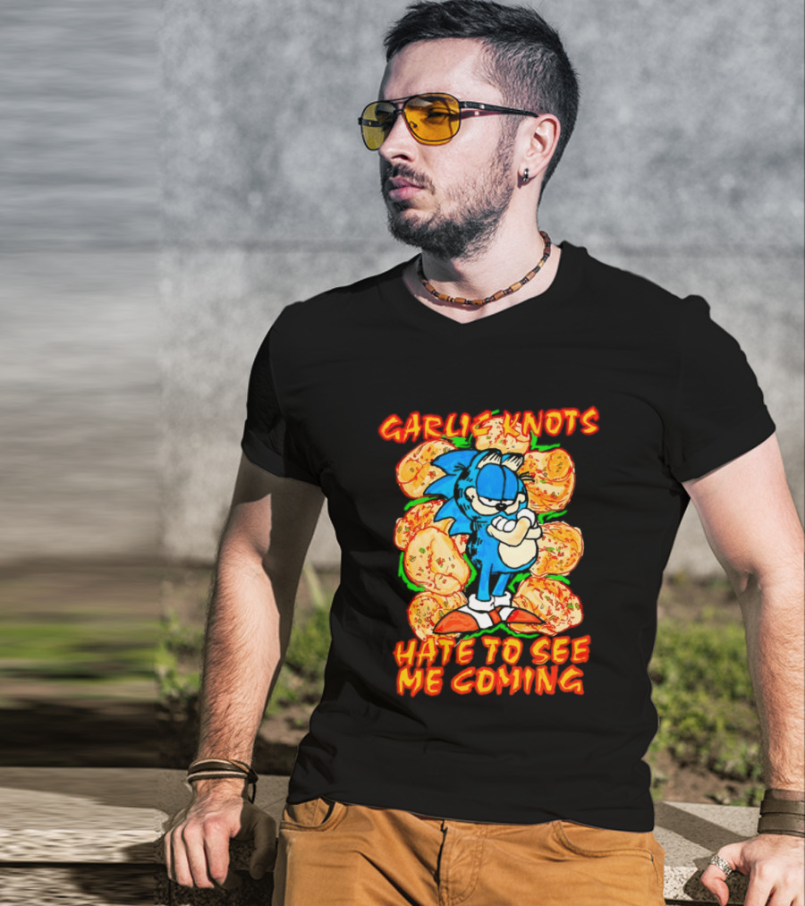 Garlic Knots Hate To See Me Coming Blue Character Surrounded By Cheesy Snacks T-Shirt