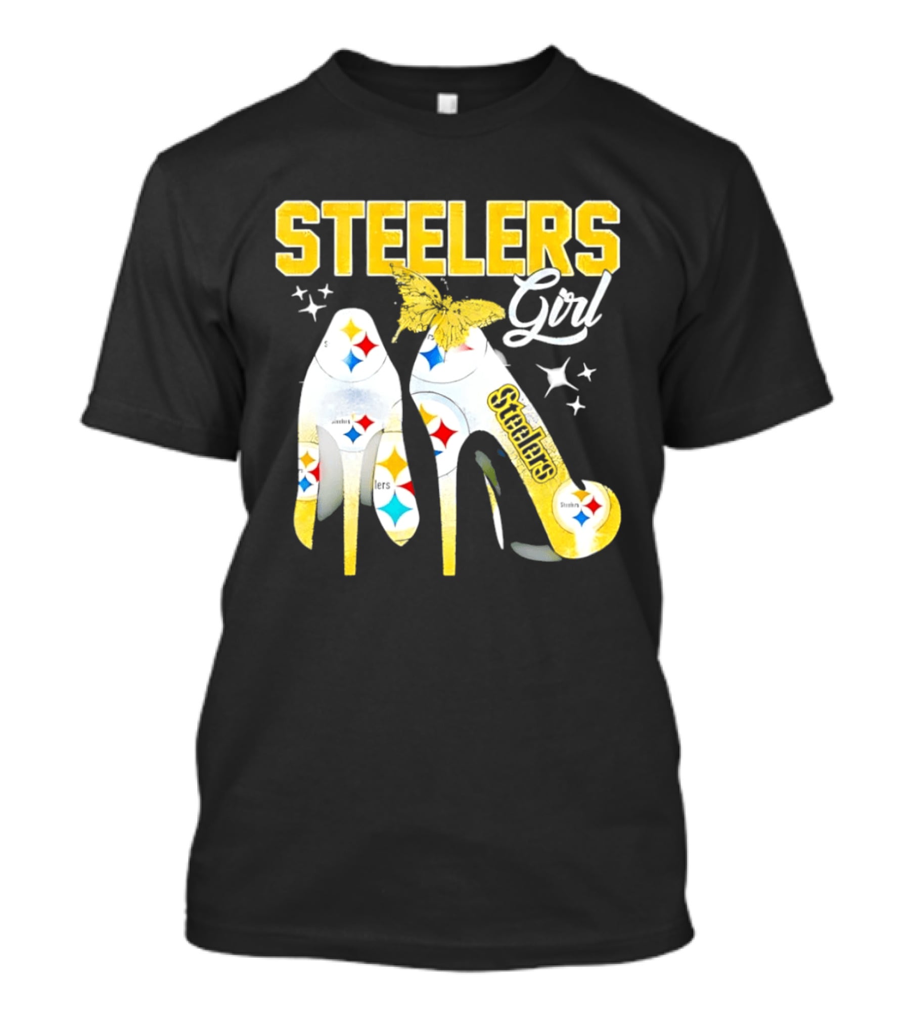 Steelers Girl High Heels With Butterfly And Stars T-Shirt