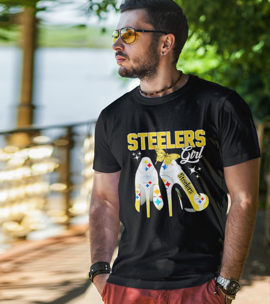Steelers Girl High Heels With Butterfly And Stars T-Shirt